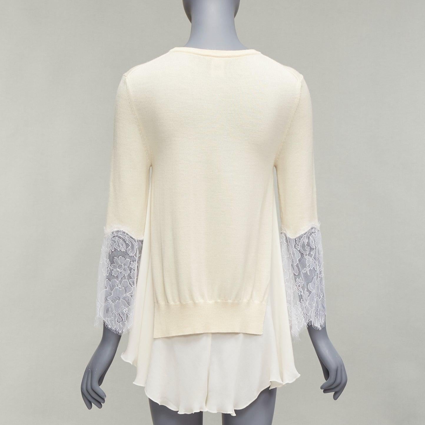 OSCAR DE LA RENTA cream lace flare sleeve chiffon insert hi low hem sweater XS For Sale 3
