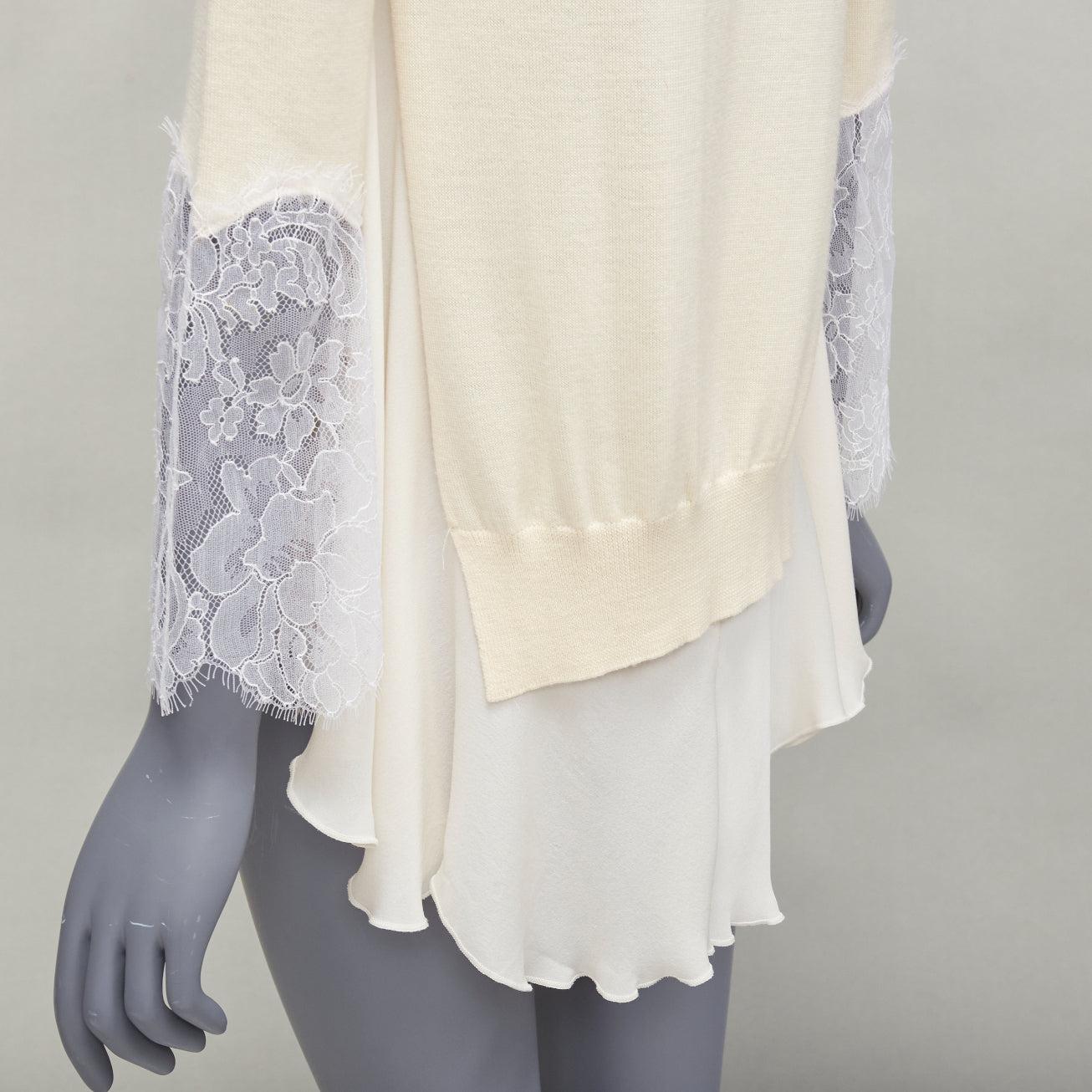 OSCAR DE LA RENTA cream lace flare sleeve chiffon insert hi low hem sweater XS For Sale 4