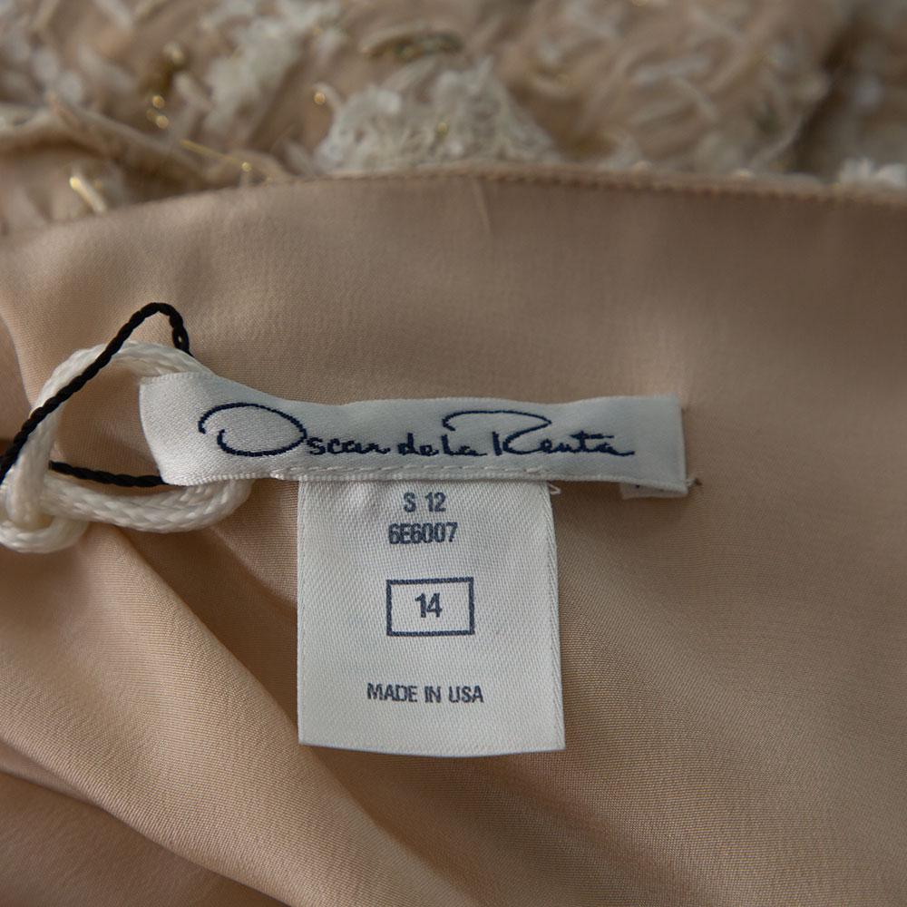 Beige Oscar de la Renta Cream Silk Embellished Coat Dress XL