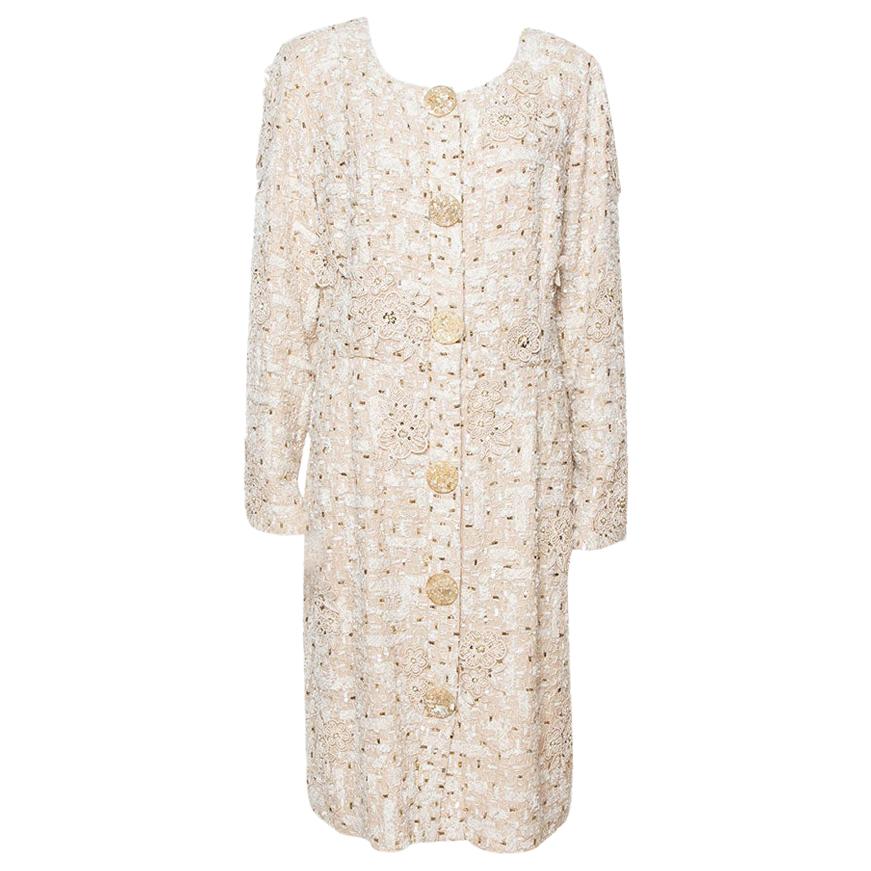 Oscar de la Renta Cream Silk Embellished Coat Dress XL