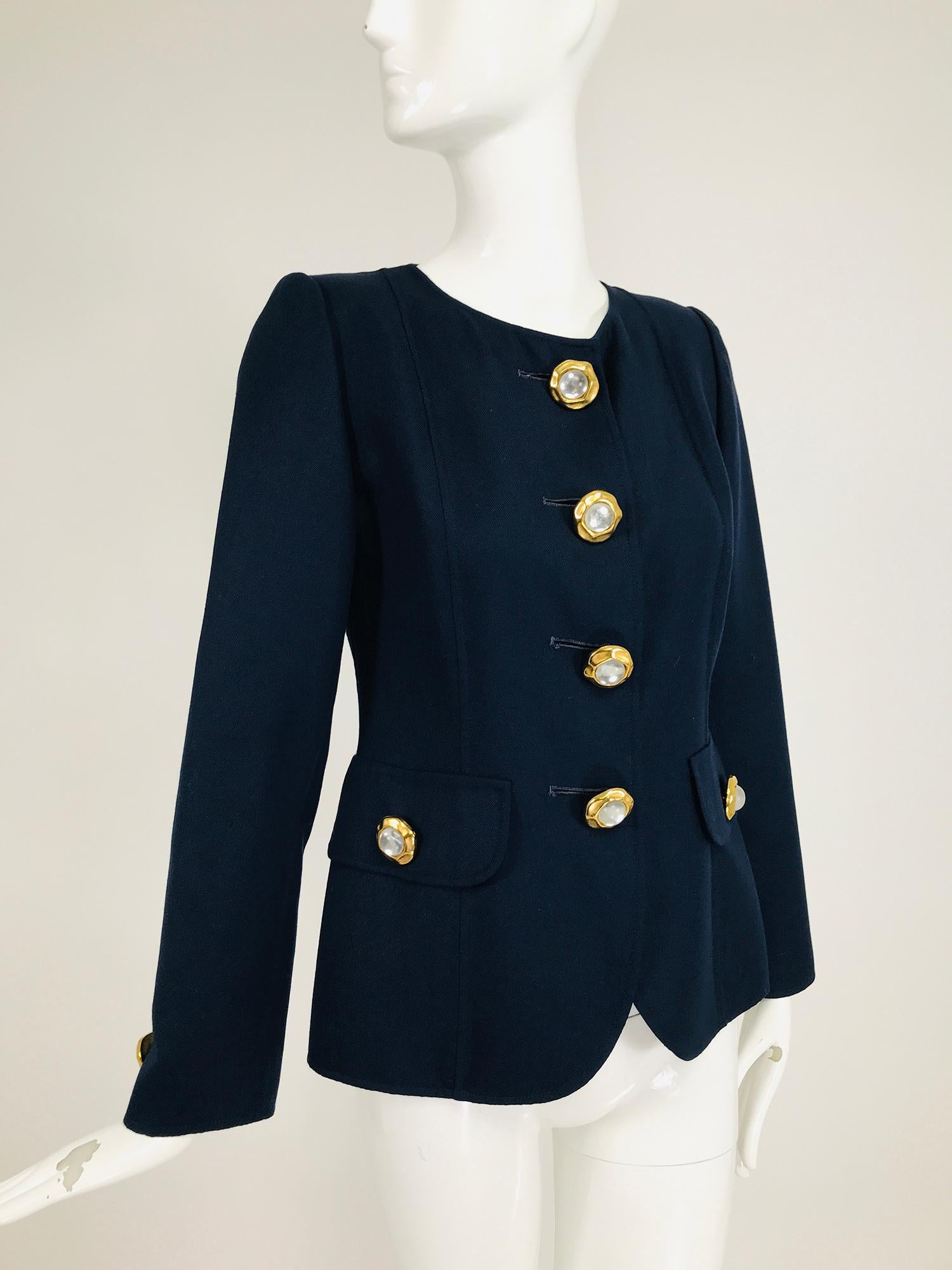 Oscar de la Renta dark navy blue double face wool twill jacket with the most amazing buttons. Jewel neckline, single breasted, princess seam jacket has large matte gold buttons that look handmade, the centers each have a clear round stone center.