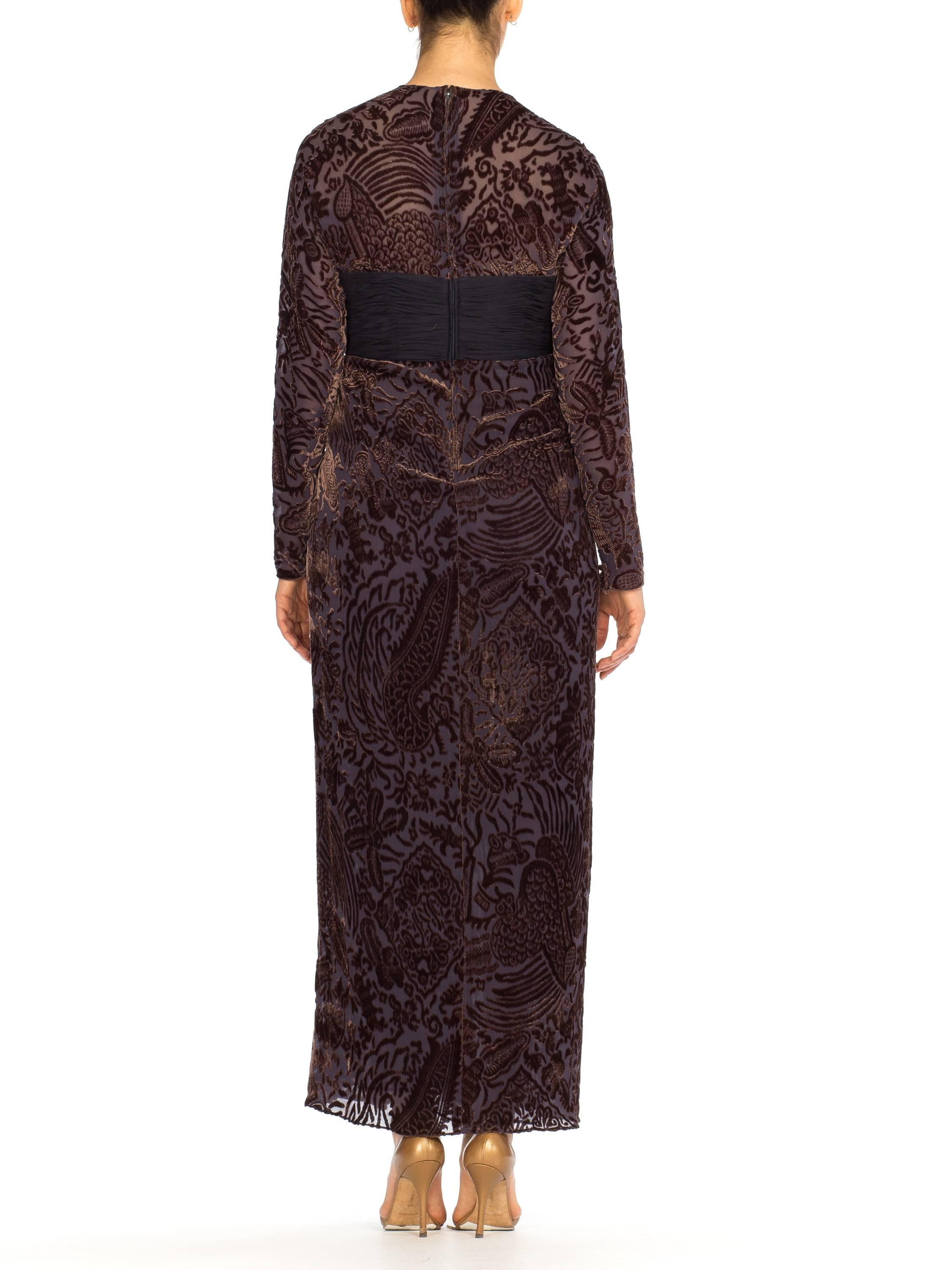 1970S OSCAR DE LA RENTA Silk Burnout Velvet & Draped Chiffon Gown With Sleeves For Sale 3