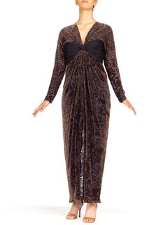 1970S OSCAR DE LA RENTA Silk Burnout Velvet & Draped Chiffon Gown With Sleeves