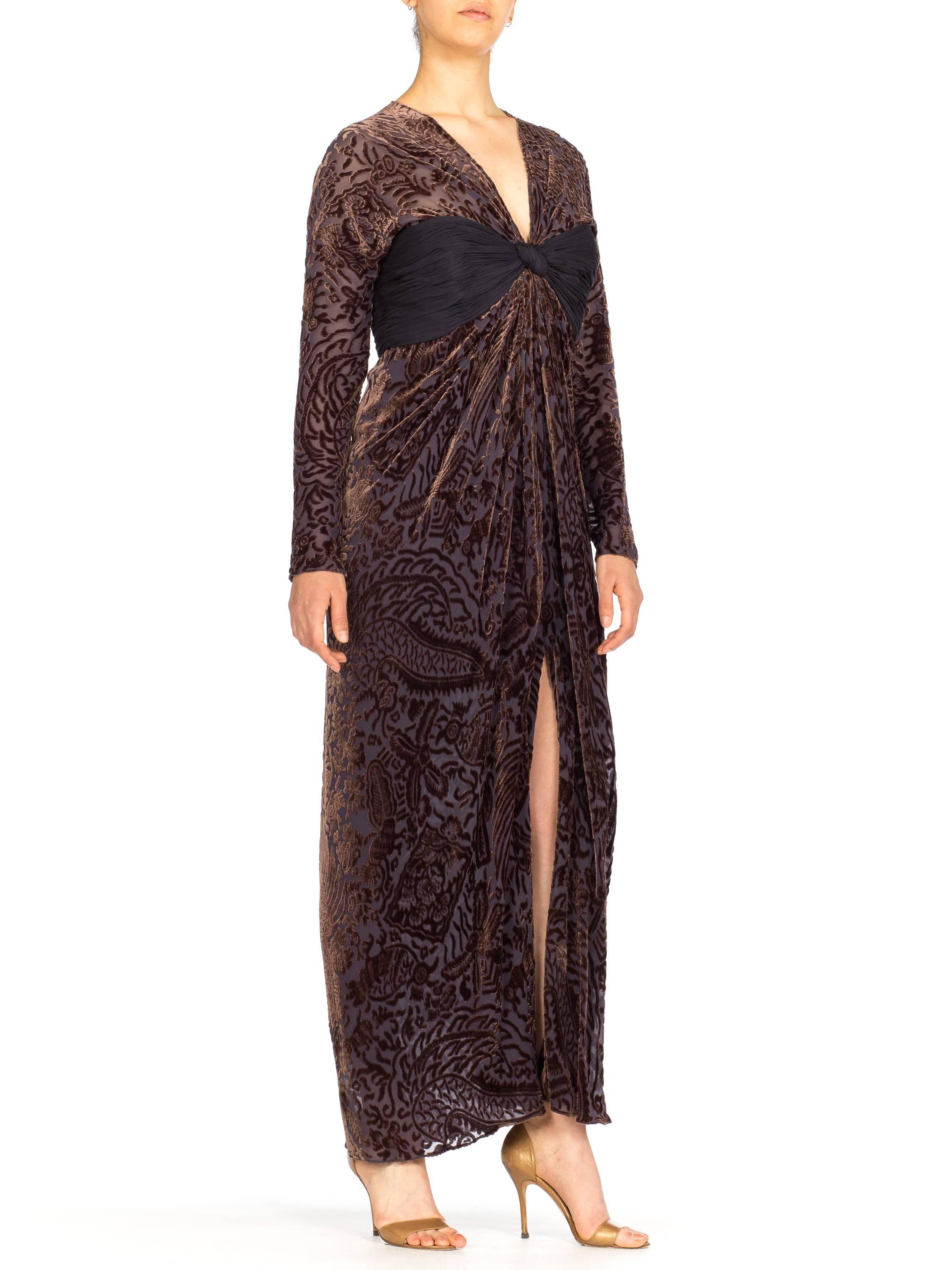 Black 1970S OSCAR DE LA RENTA Silk Burnout Velvet & Draped Chiffon Gown With Sleeves For Sale