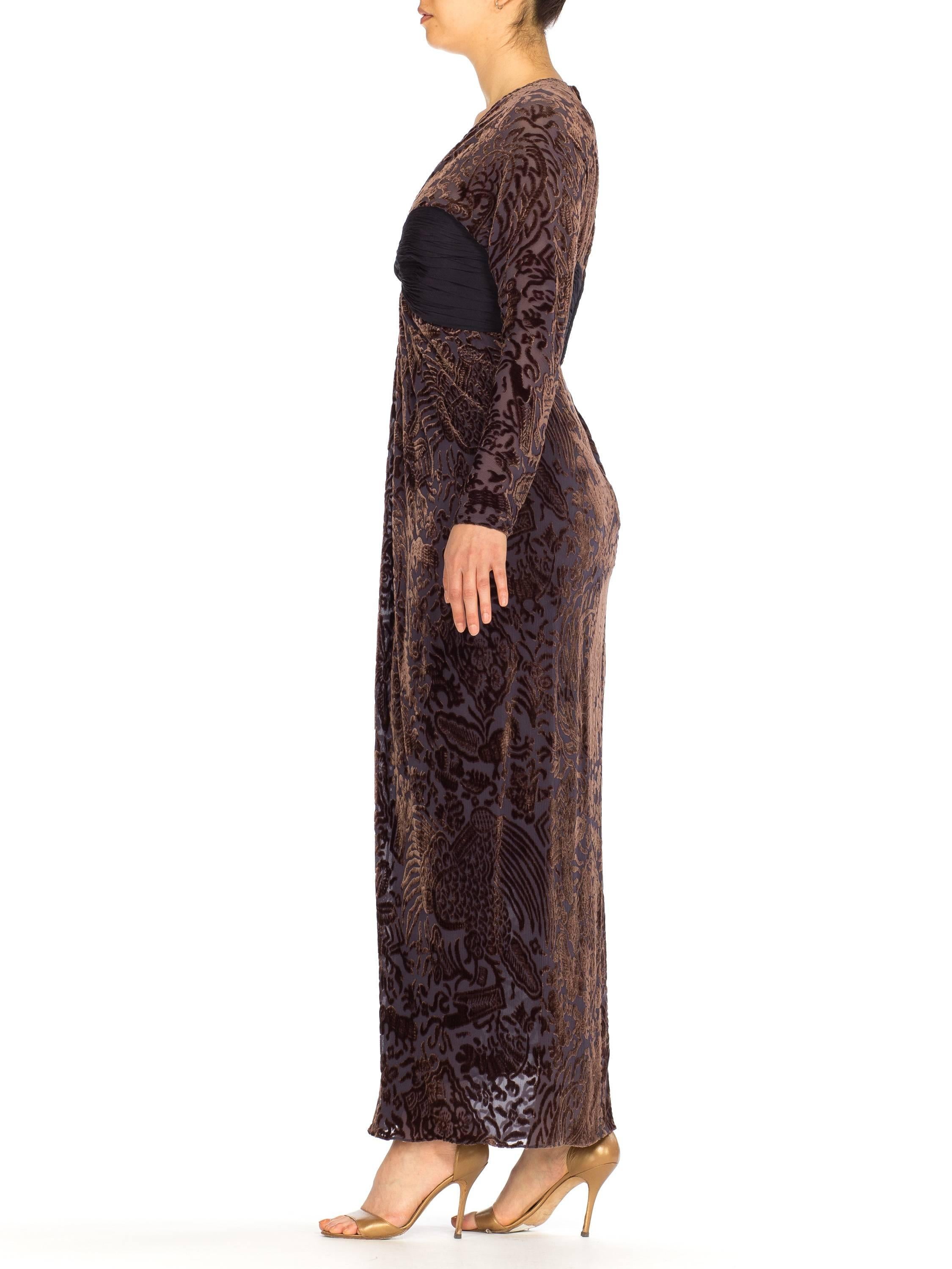 Women's 1970S OSCAR DE LA RENTA Silk Burnout Velvet & Draped Chiffon Gown With Sleeves For Sale