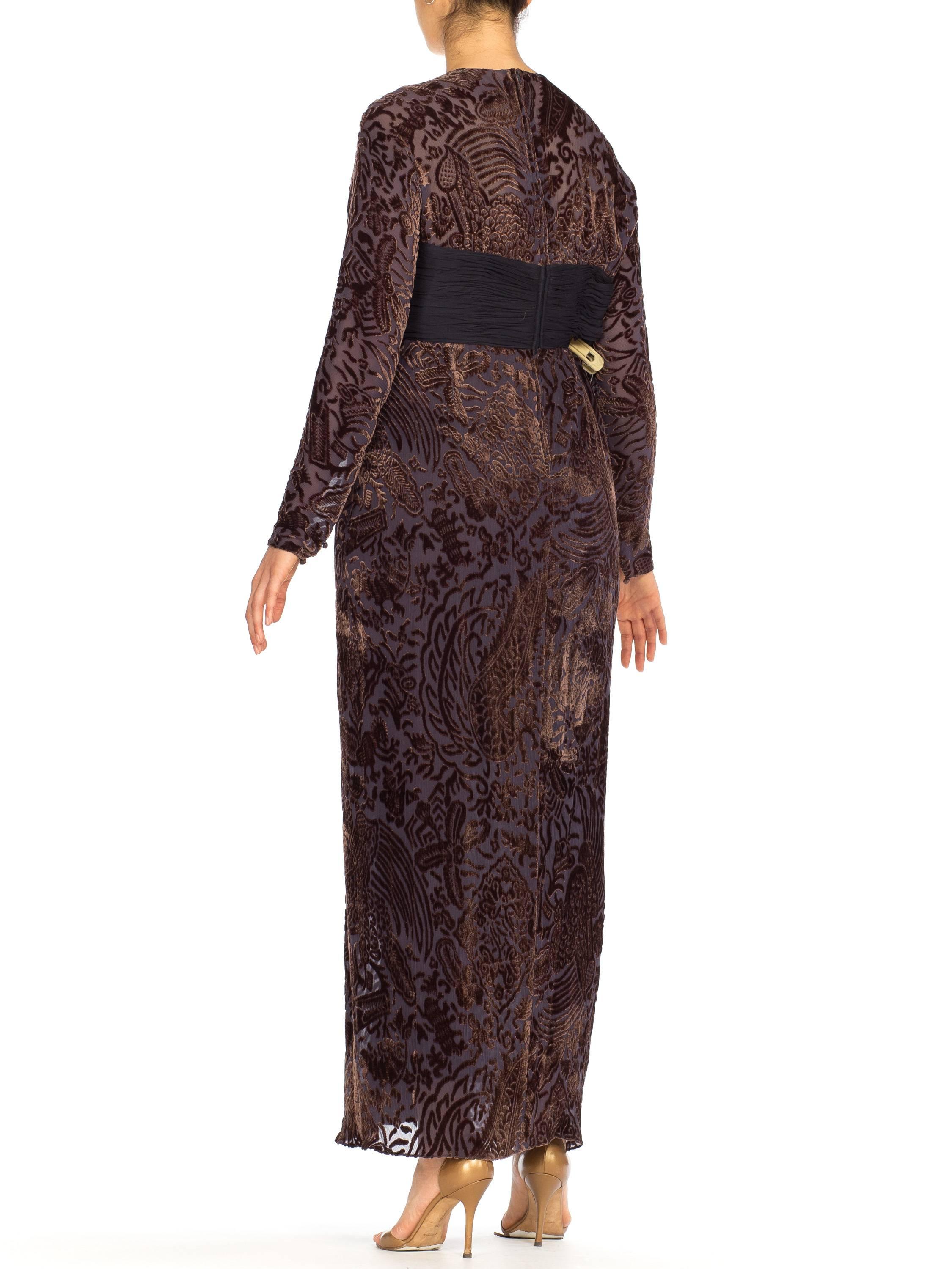 1970S OSCAR DE LA RENTA Silk Burnout Velvet & Draped Chiffon Gown With Sleeves For Sale 1