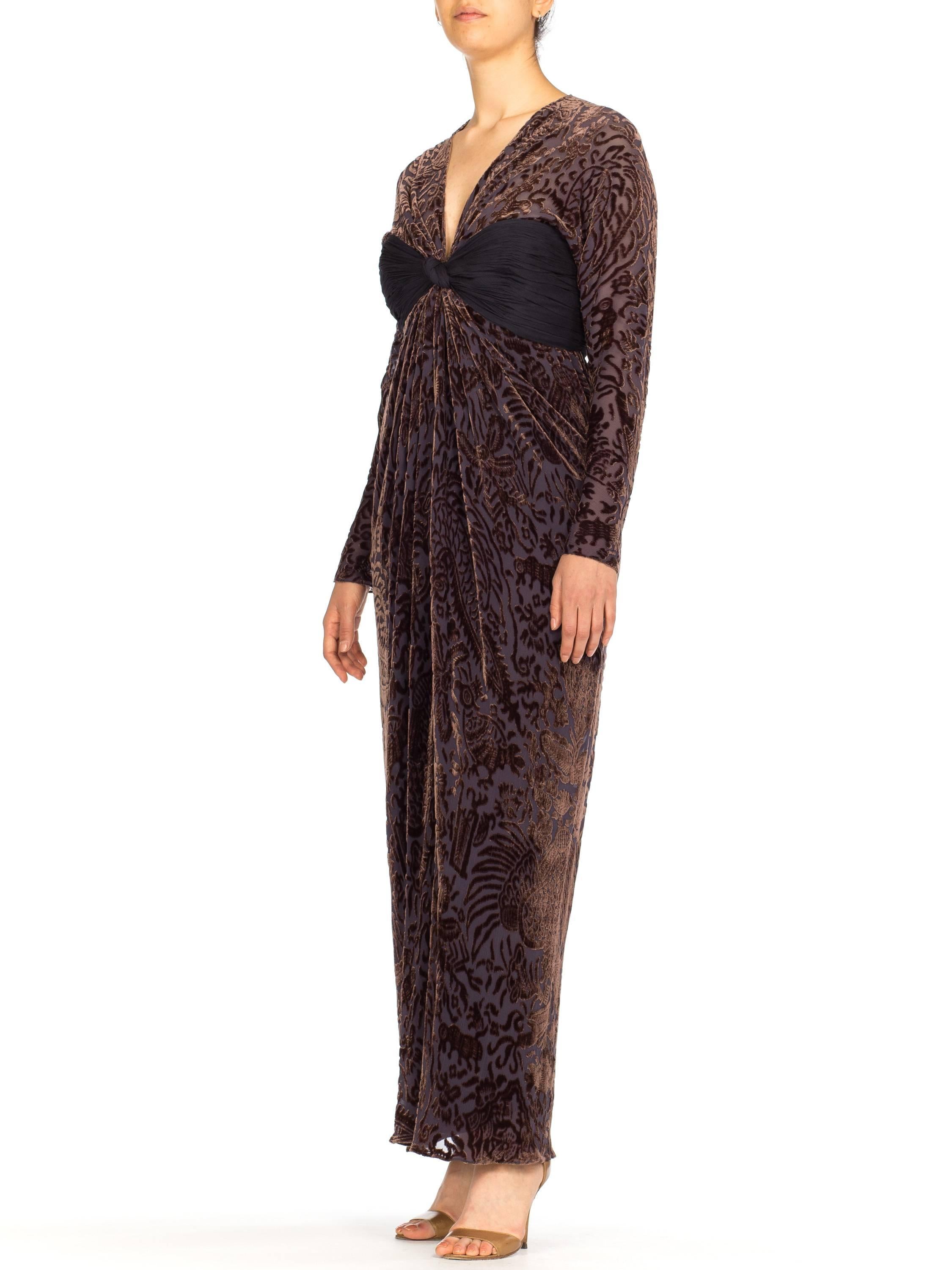 1970S OSCAR DE LA RENTA Silk Burnout Velvet & Draped Chiffon Gown With Sleeves For Sale 2