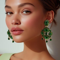 Oscar de la Renta Deep Green Resin & Metal Antique Gold Chandelier Clip Earrings