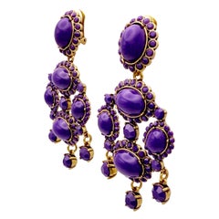Oscar de la Renta Deep Purple Resin Metal Antique Gold Chandelier Clip Earrings