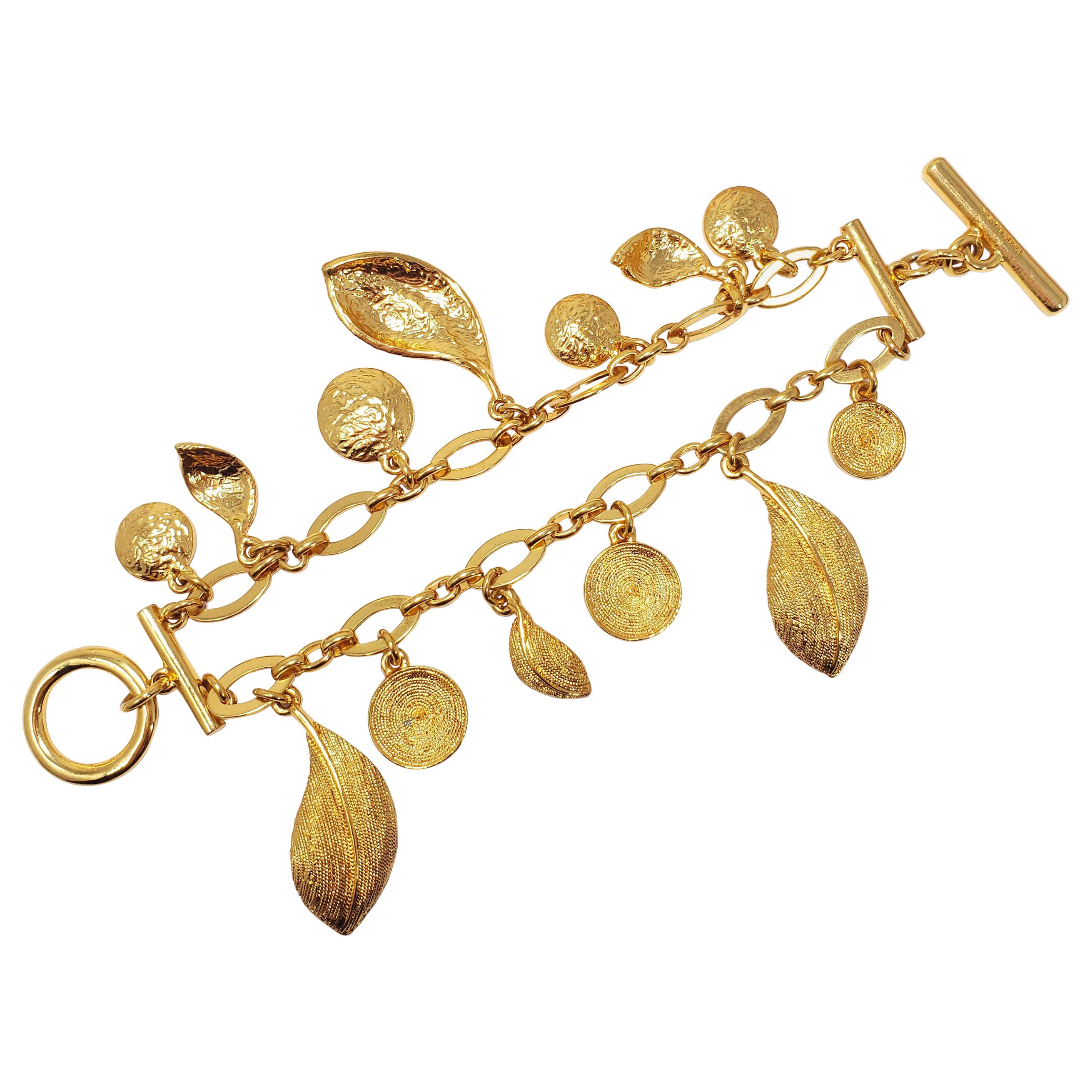 Oscar de la Renta Double Strand Floral Charm Toggle Clasp Bracelet in Gold For Sale