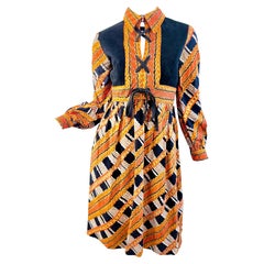 Oscar de la Renta Early 1970s Bohemian Stripe Lace Up Empire Waist Dress Vintage