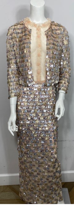 Oscar de la Renta Early 2000’s Nude and Metallic Gown with Jacket-Size 4