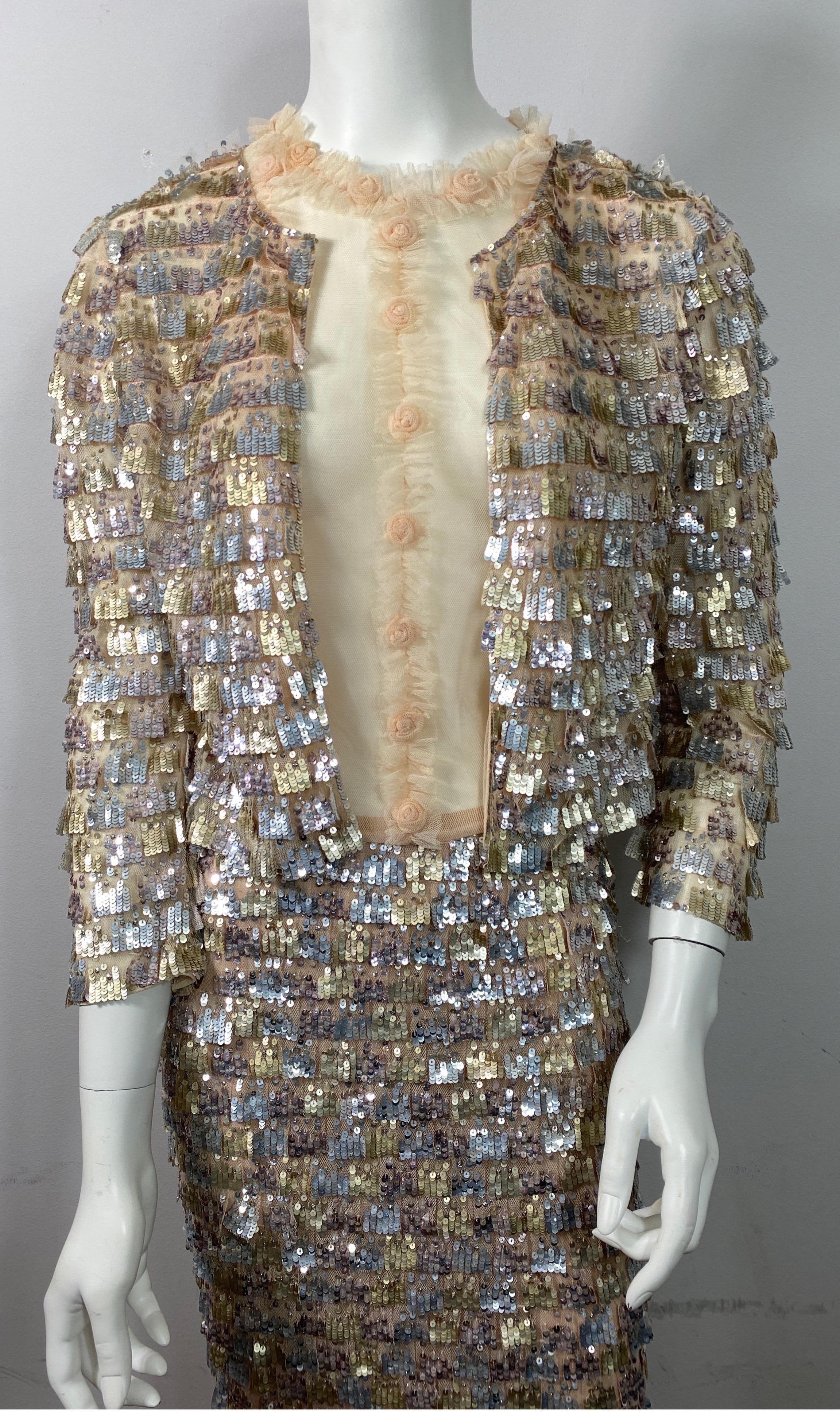 Oscar de la Renta Early 2000’s Nude and Metallic Gown with Jacket-Size 4 1