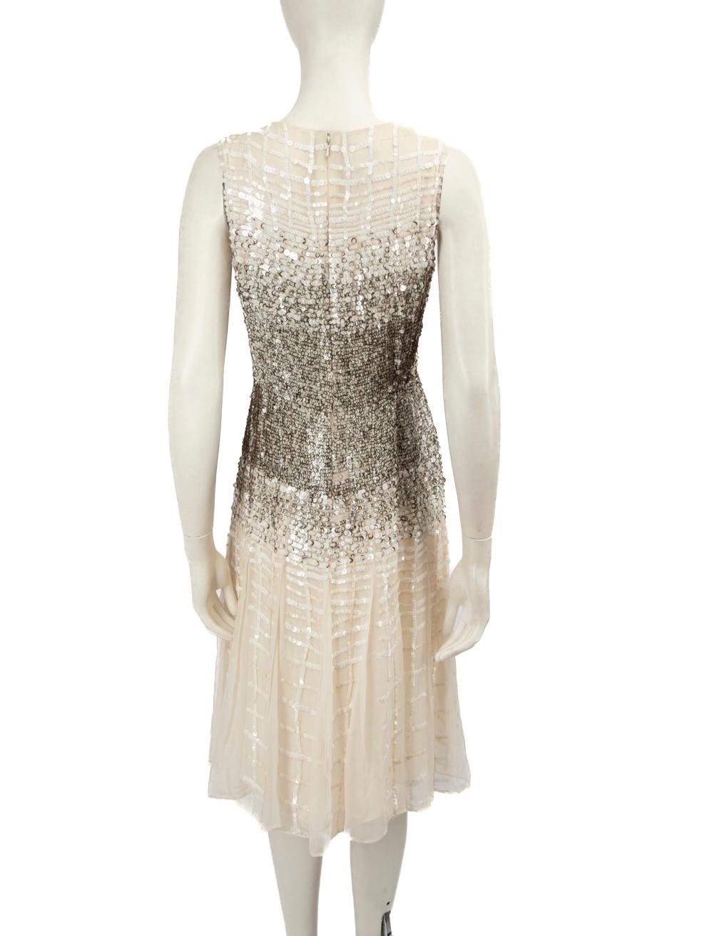 Oscar De La Renta Mini Vestido de Seda Crudo Ombré con Lentejuelas Talla XXL Beige en venta
