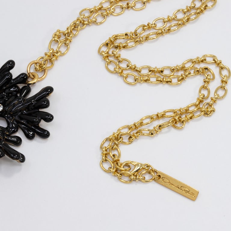 Oscar de la Renta Embellished Black Crystal Coral Motif Pendant on Gold ...