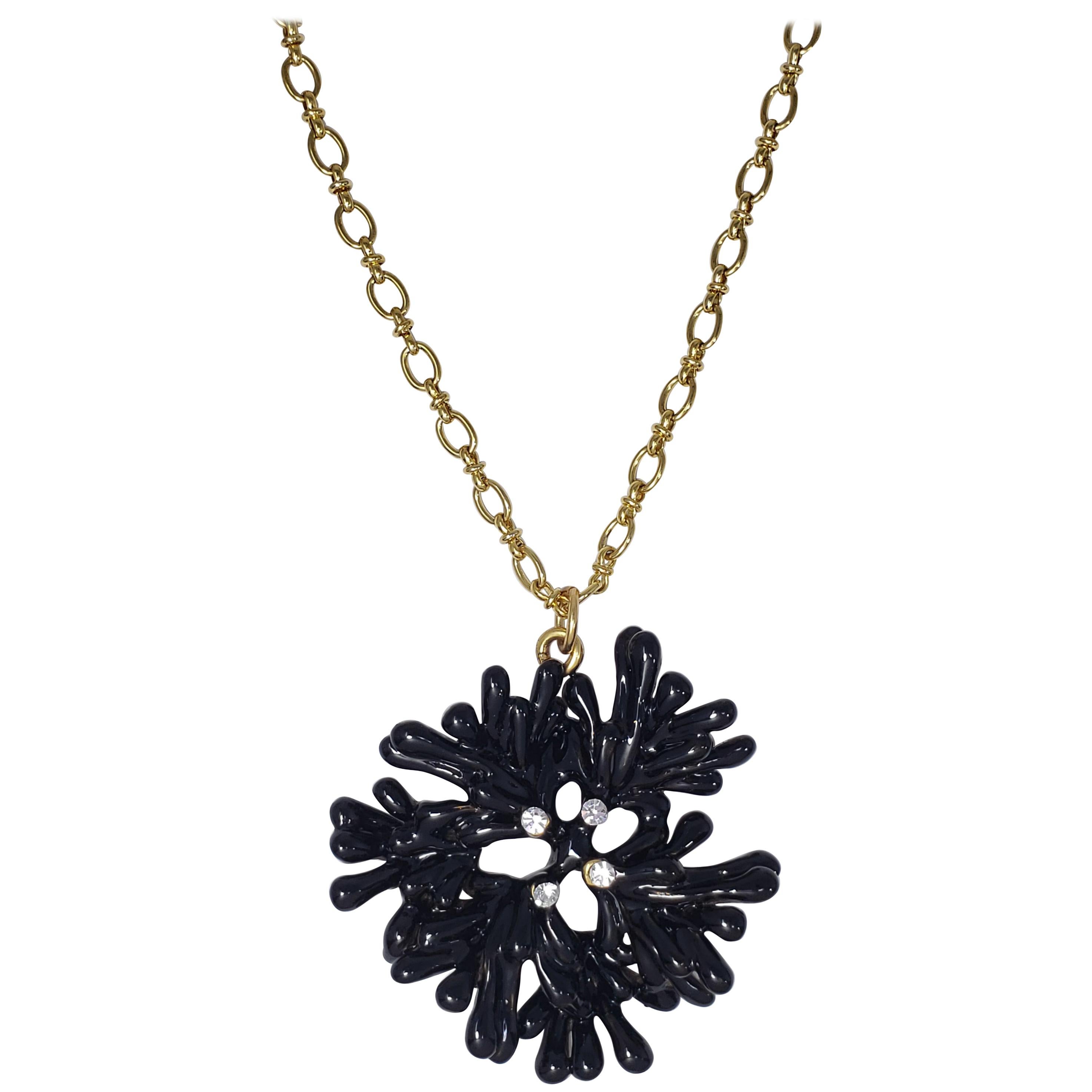 Oscar de la Renta Embellished Black Crystal Coral Motif  Pendant on Gold Chain