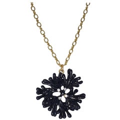 Oscar de la Renta Embellished Black Crystal Coral Motif  Pendant on Gold Chain