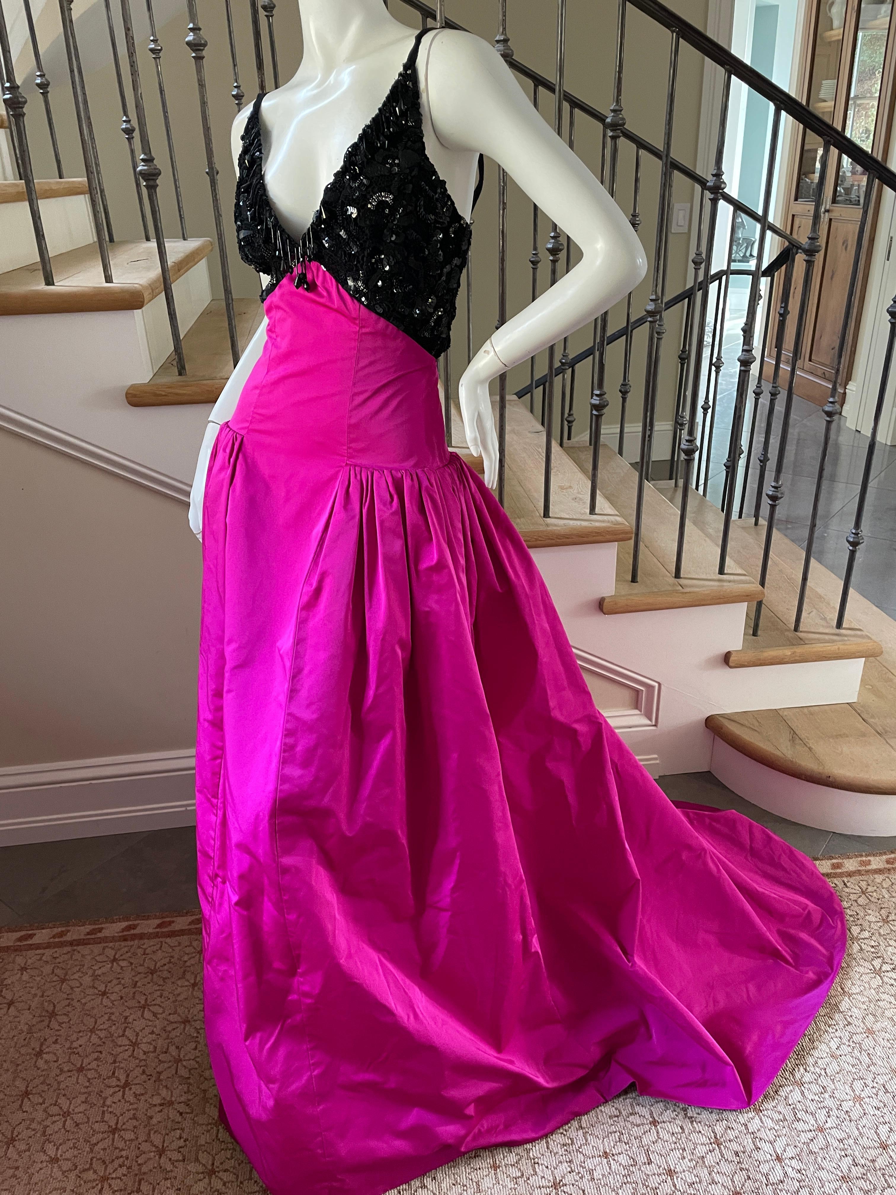 Women's Oscar de la Renta Embellished Evening Dress w Fuschia Taffeta Ball Skirt & Train For Sale