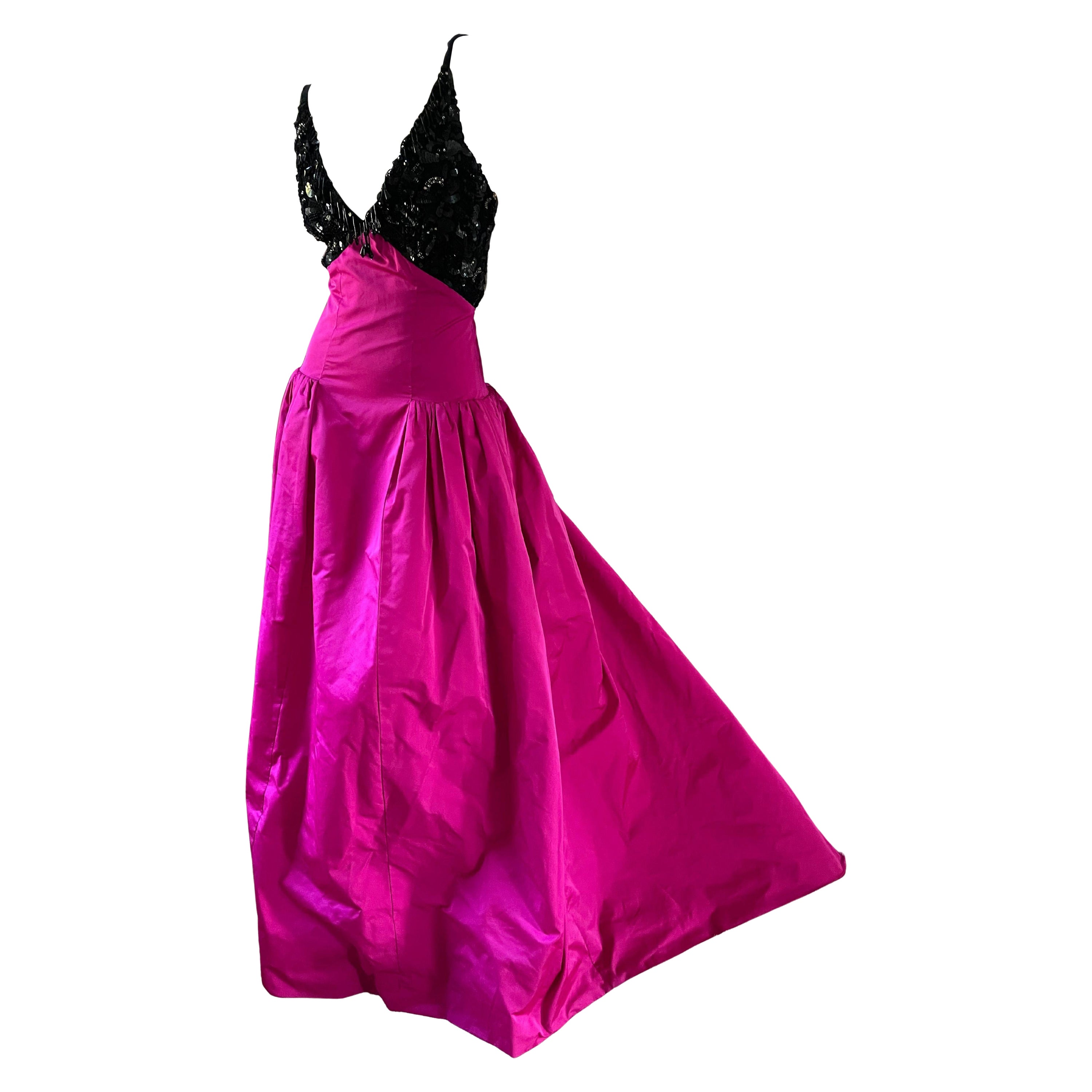 Oscar de la Renta Embellished Evening Dress w Fuschia Taffeta Ball Skirt & Train For Sale