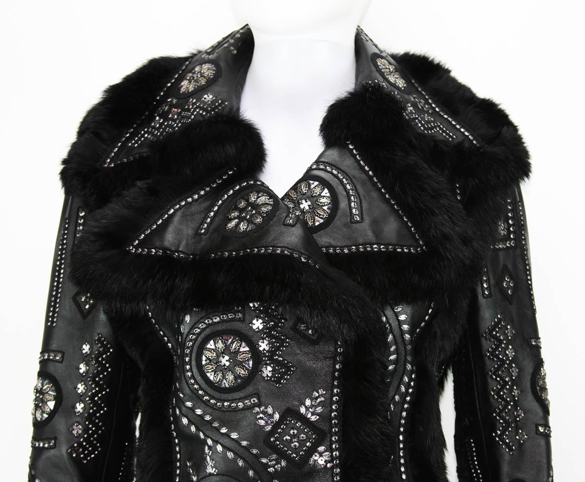 OSCAR DE LA RENTA Embellished Leather Jacket with FOX FUR US 6 For Sale 3