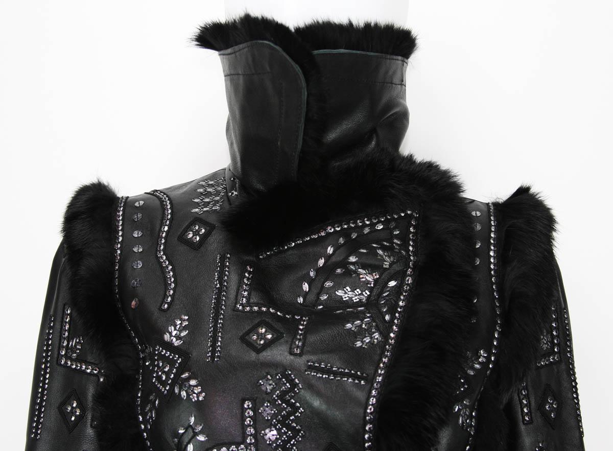 OSCAR DE LA RENTA Embellished Leather Jacket with FOX FUR US 6 4