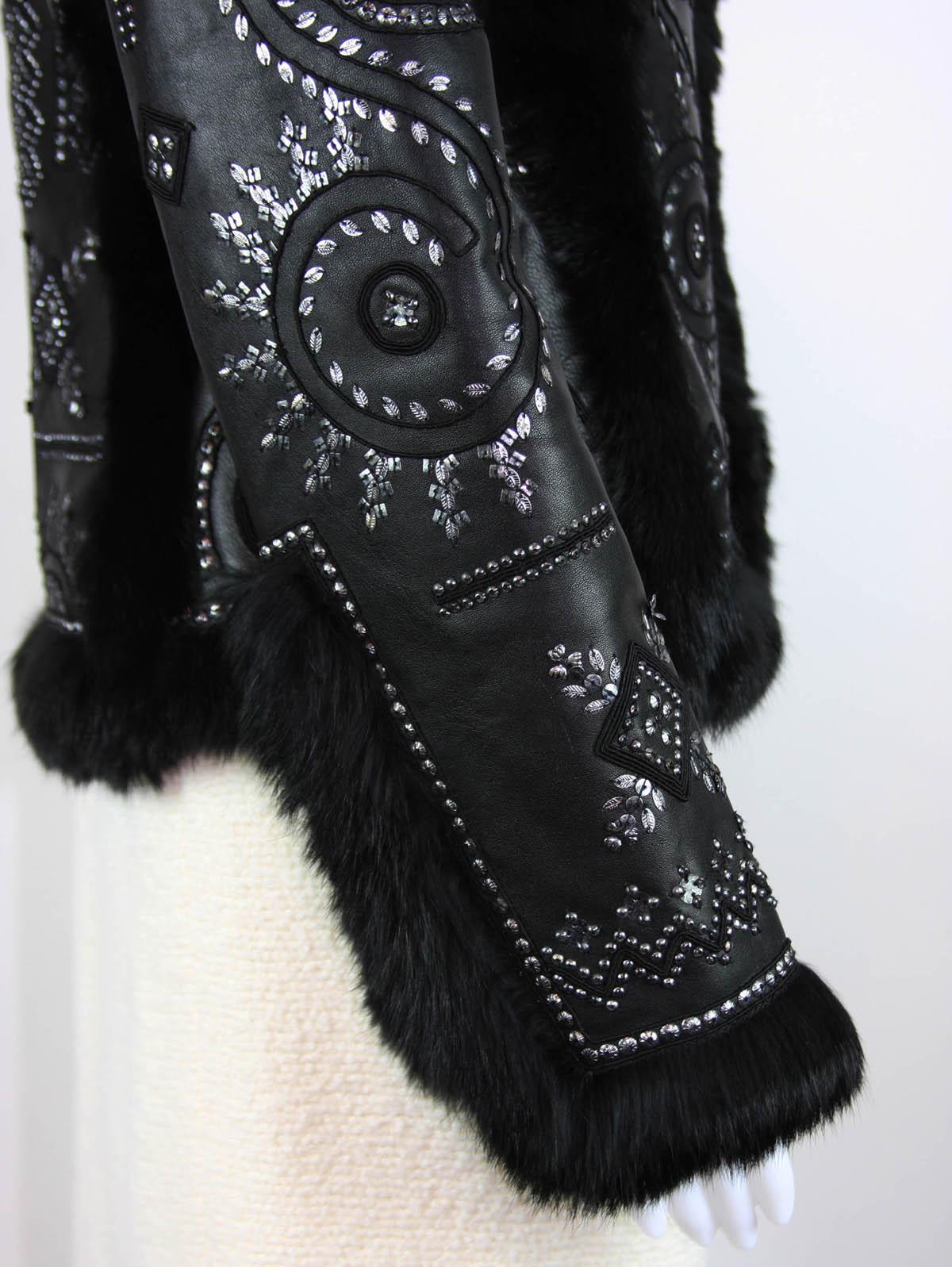 OSCAR DE LA RENTA Embellished Leather Jacket with FOX FUR US 6 5