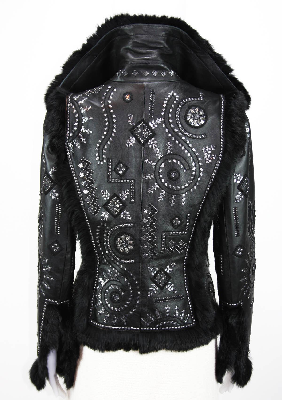 Black OSCAR DE LA RENTA Embellished Leather Jacket with FOX FUR US 6