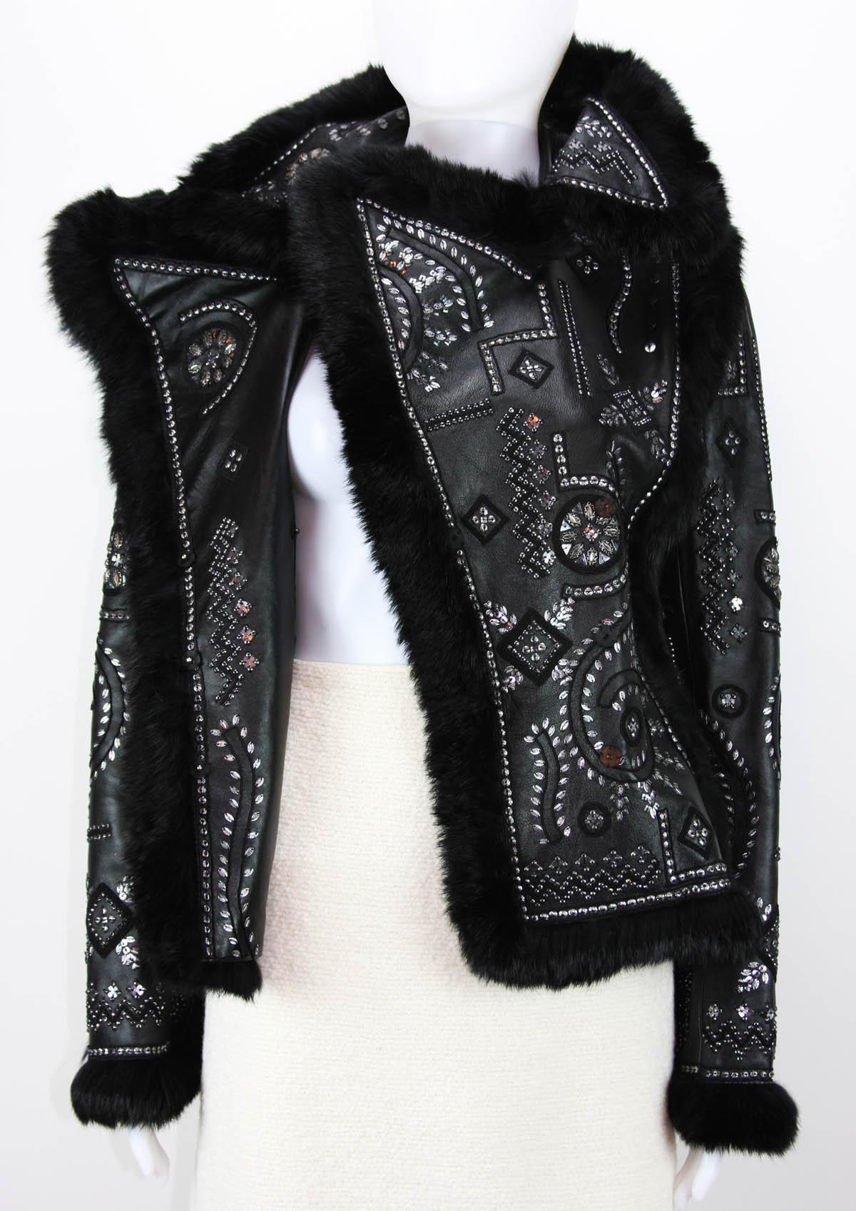 OSCAR DE LA RENTA Embellished Leather Jacket with FOX FUR US 6 In New Condition In Montgomery, TX