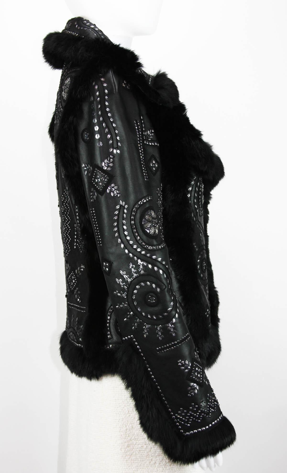 Women's OSCAR DE LA RENTA Embellished Leather Jacket with FOX FUR US 6 For Sale