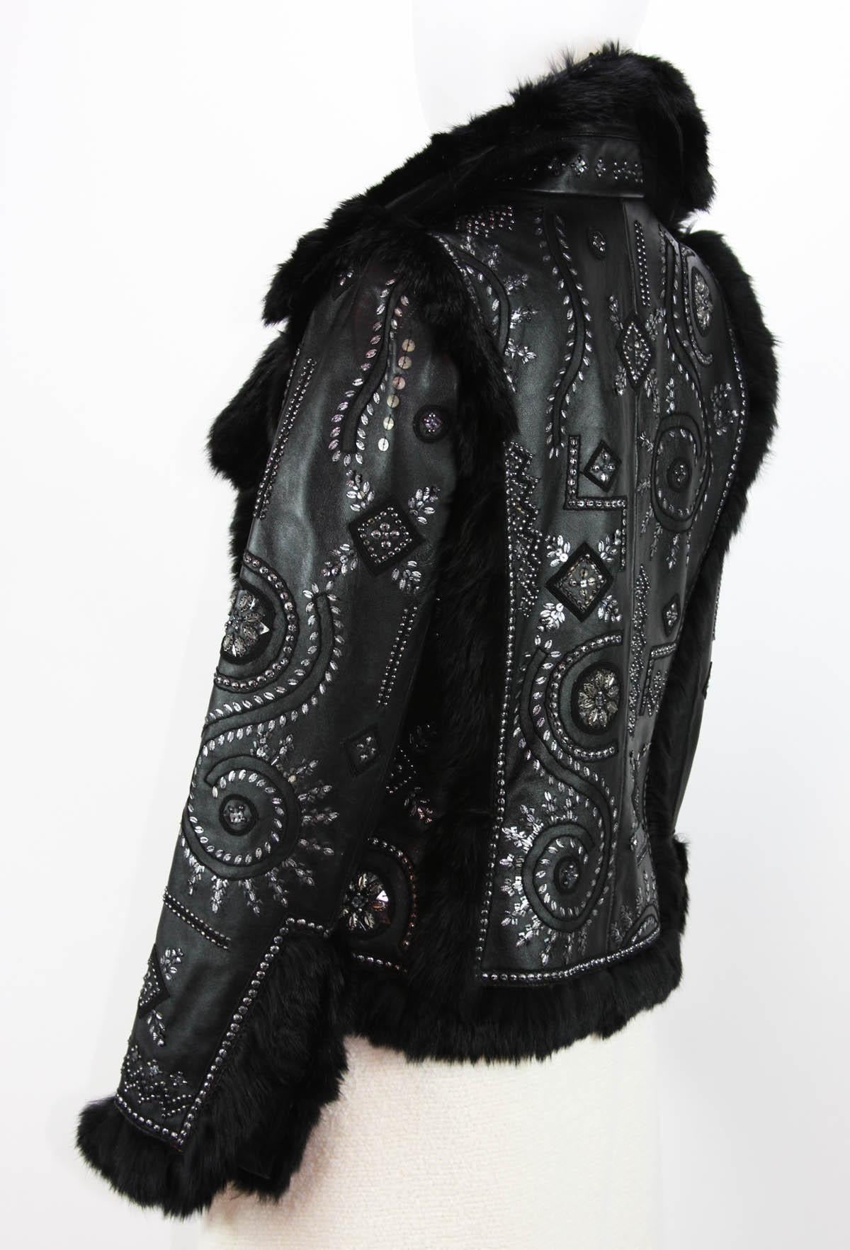 OSCAR DE LA RENTA Embellished Leather Jacket with FOX FUR US 6 1