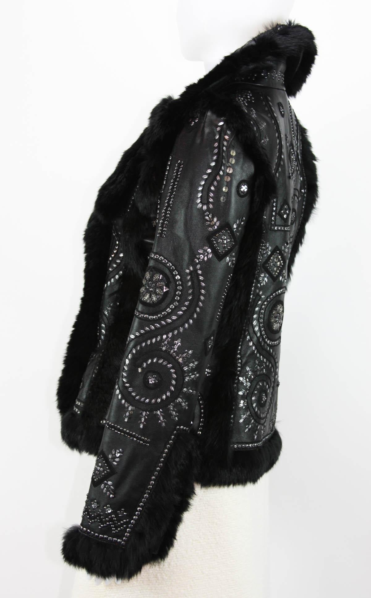 OSCAR DE LA RENTA Embellished Leather Jacket with FOX FUR US 6 For Sale 2