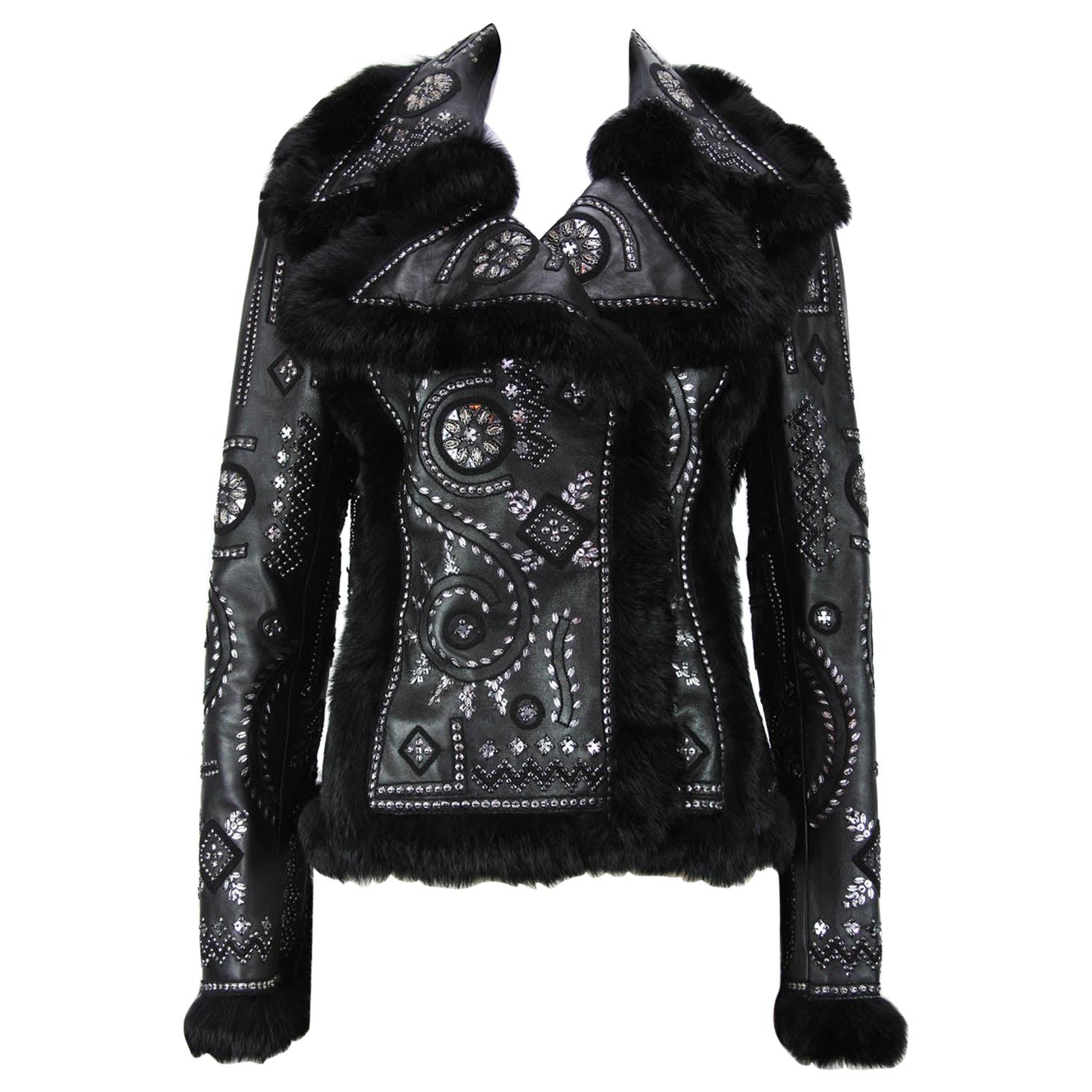 OSCAR DE LA RENTA Embellished Leather Jacket with FOX FUR US 6