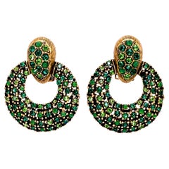Oscar De La Renta Emerald Green Gold Swarovski Crystals Doorknocker Clip Hoops