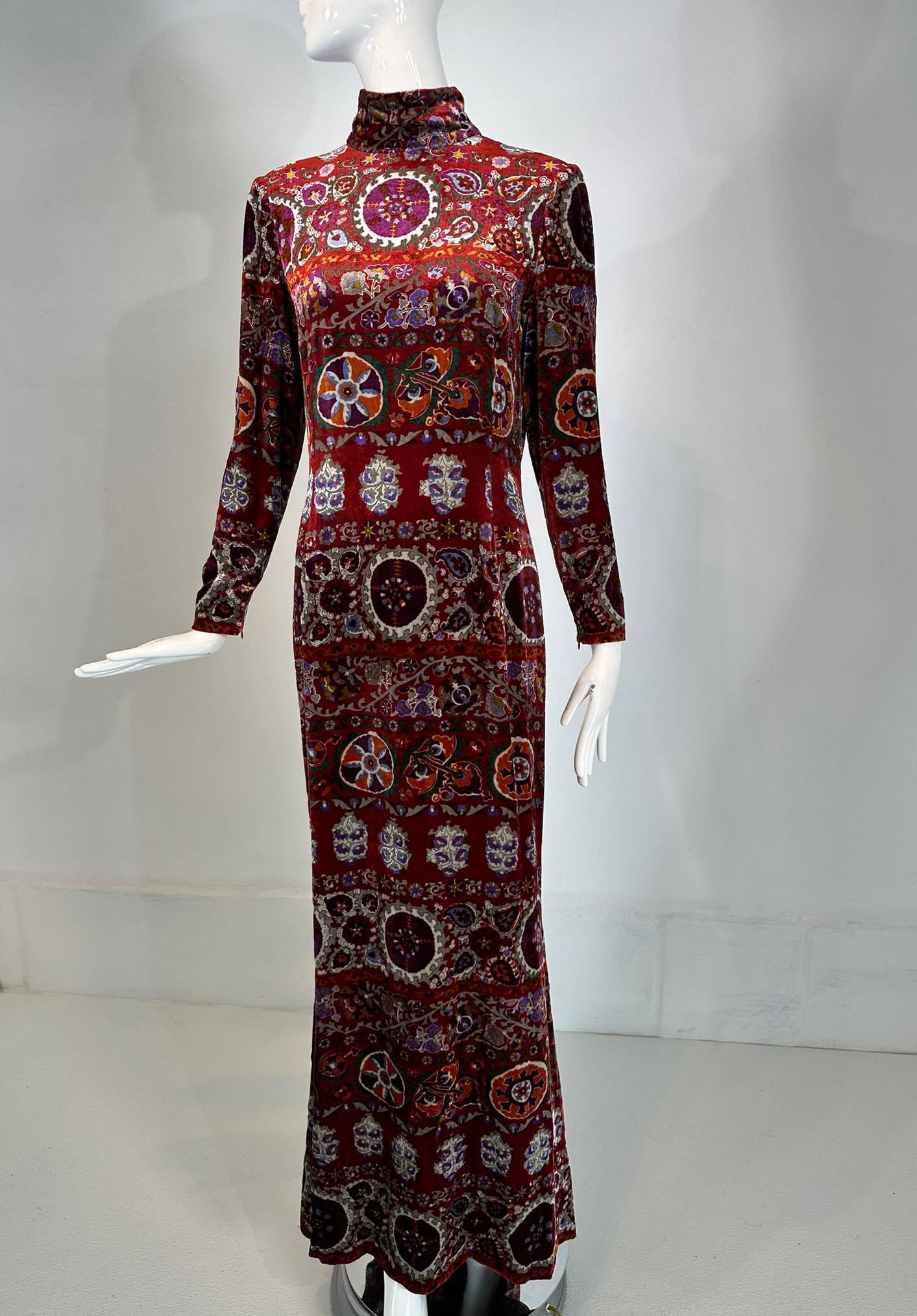 Oscar de la Renta Exotic Printed & Silver Stenciled Silk Velvet Evening Dress 8 For Sale 8