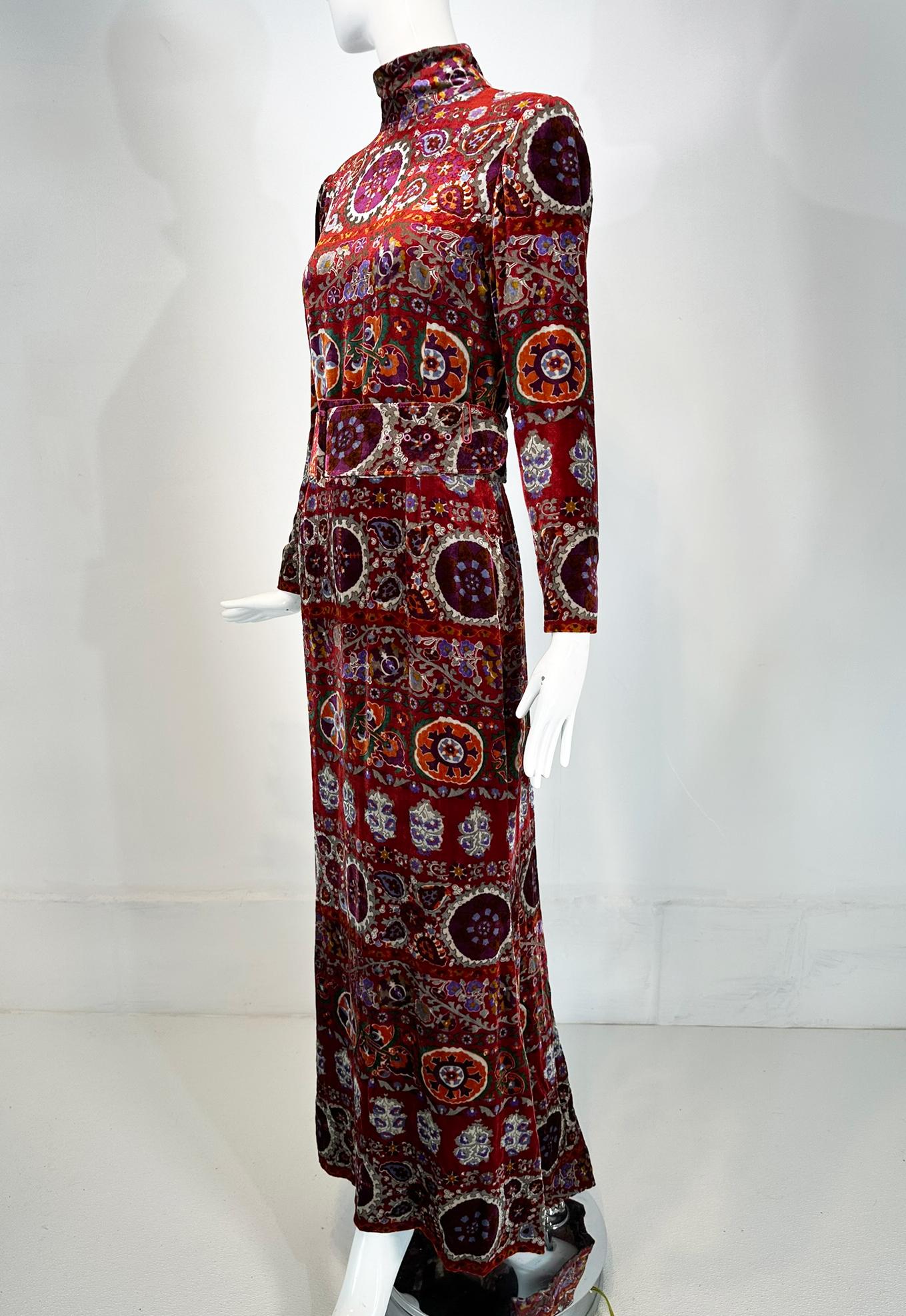 Black Oscar de la Renta Exotic Printed & Silver Stenciled Silk Velvet Evening Dress 8 For Sale