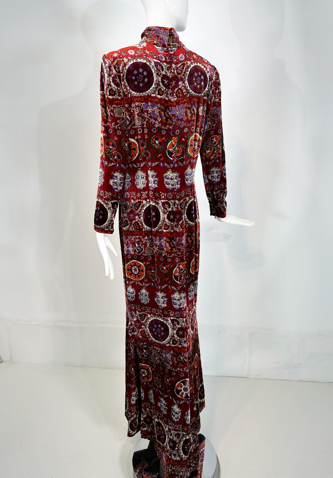 Oscar de la Renta Exotic Printed & Silver Stenciled Silk Velvet Evening Dress 8 For Sale 1