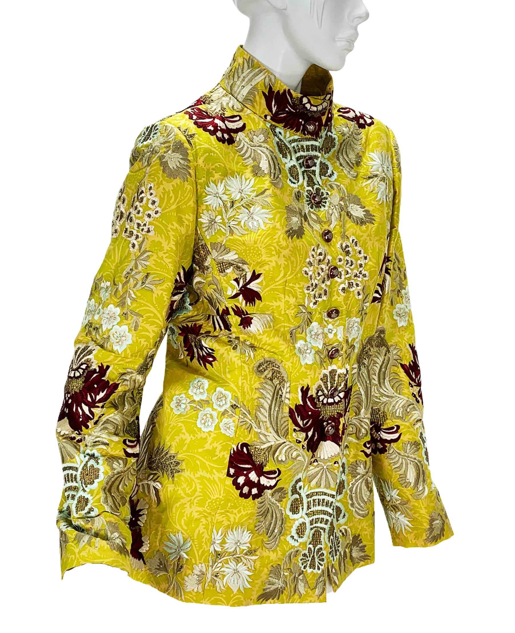 Oscar De La Renta for Neiman Marcus Silk Embroidered Long Jacket
Label size missing
F/W 2003 Collection
Silky jacquard fabric with soft green lives print over the yellow background, exclusively embroidered and sequin embellished, enamel decorative