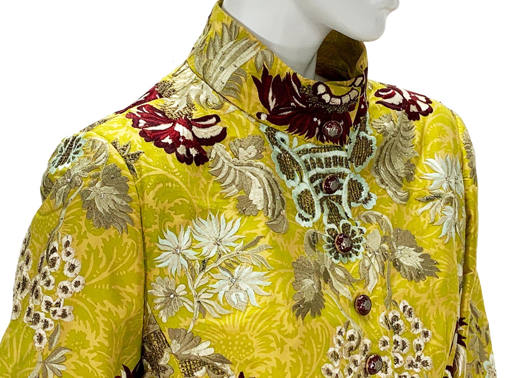 Oscar De La Renta F/W 2003 Silk Yellow Metallic Embroidery Beaded Long Jacket  For Sale 1