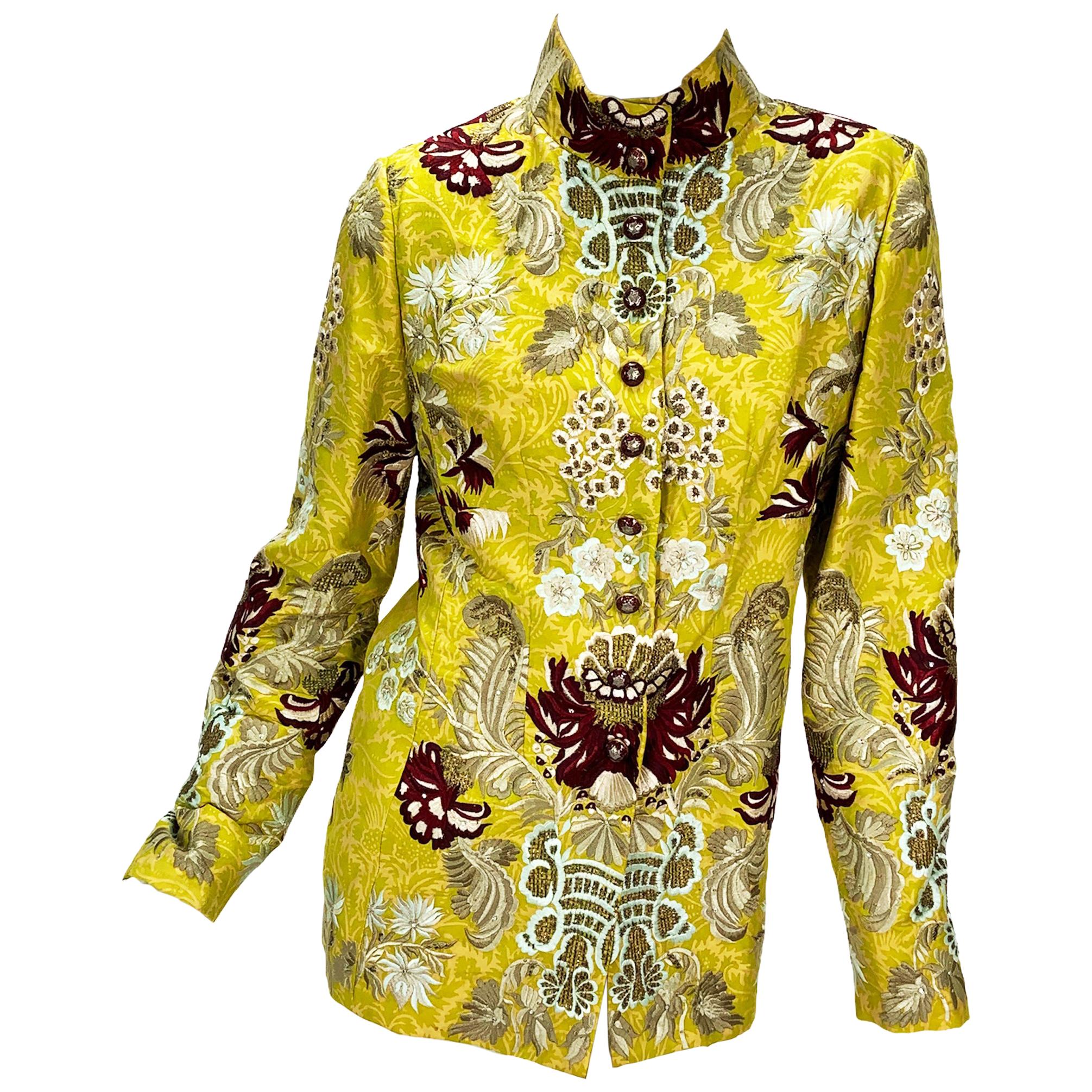 Oscar De La Renta F/W 2003 Silk Yellow Metallic Embroidery Beaded Long Jacket  For Sale
