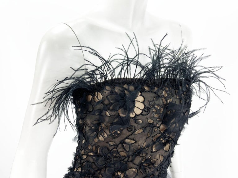 Oscar de la Renta F/W 2004 Black Silk Ostrich Feather Beaded Embellished Dress 6 For Sale 6