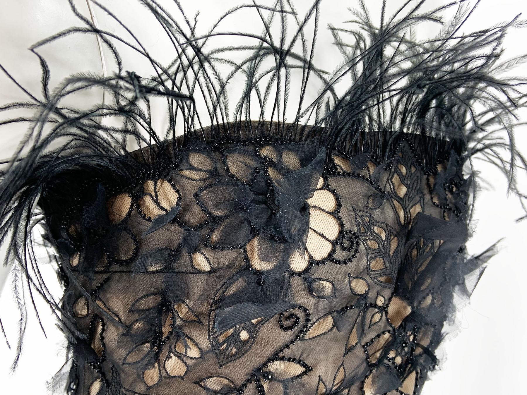 Oscar de la Renta F/W 2004 Black Silk Ostrich Feather Beaded Embellished Dress 6 For Sale 7