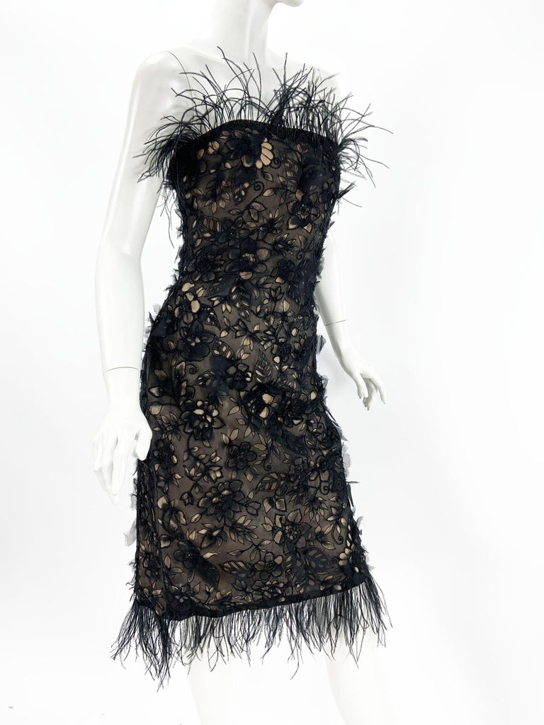 Women's Oscar de la Renta F/W 2004 Black Silk Ostrich Feather Beaded Embellished Dress 6 For Sale