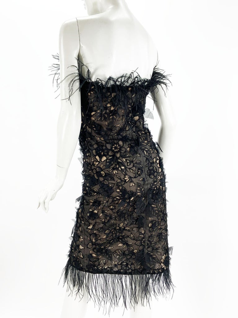 Oscar de la Renta F/W 2004 Black Silk Ostrich Feather Beaded Embellished Dress 6 For Sale 1