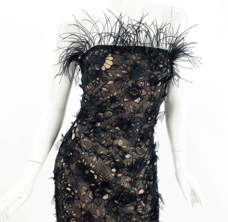 Oscar de la Renta F/W 2004 Black Silk Ostrich Feather Beaded Embellished Dress 6 For Sale 2