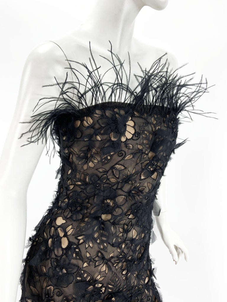 Oscar de la Renta F/W 2004 Black Silk Ostrich Feather Beaded Embellished Dress 6 For Sale 5