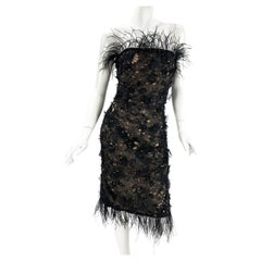 Used Oscar de la Renta F/W 2004 Black Silk Ostrich Feather Beaded Embellished Dress 6