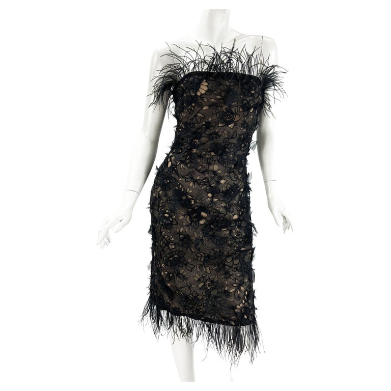 Oscar de la Renta F/W 2004 Black Silk Ostrich Feather Beaded Embellished Dress 6 For Sale