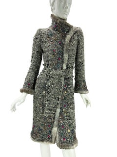 Oscar de la Renta F/W 2004 Runway Embellished Fur-Trim Cardigan Coat US 2
