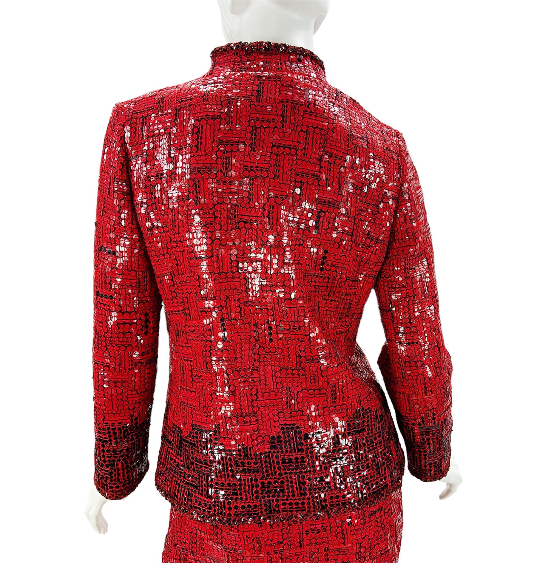 Oscar de la Renta F/W 2008 Runway Wool Red Black Sequin Skirt Suit US size 6 For Sale 6