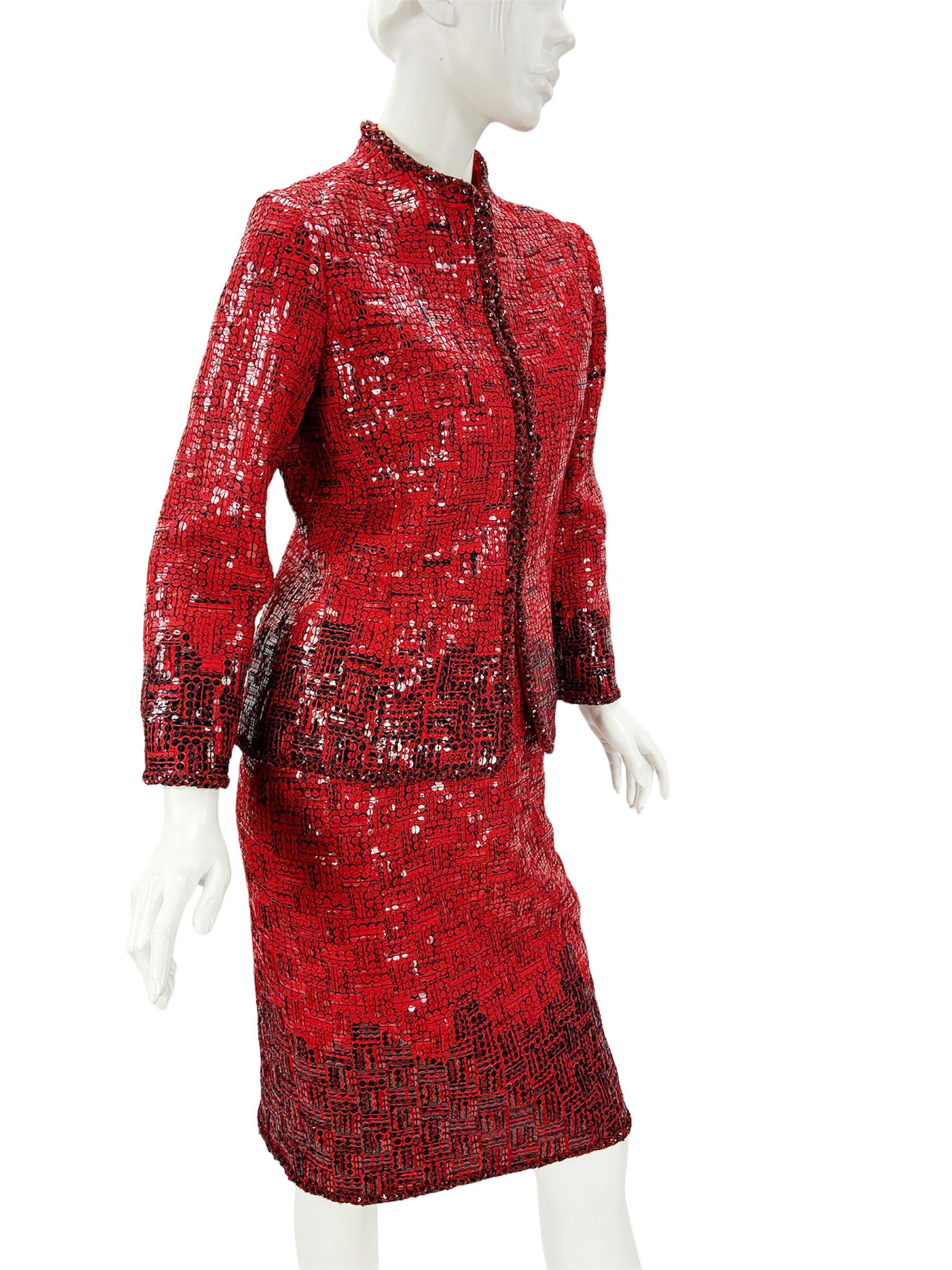 Oscar de la Renta H/W 2008 Laufsteg Anzug aus Wolle in Rot und Schwarz mit Paillettenrock, US Größe 6 im Angebot 1